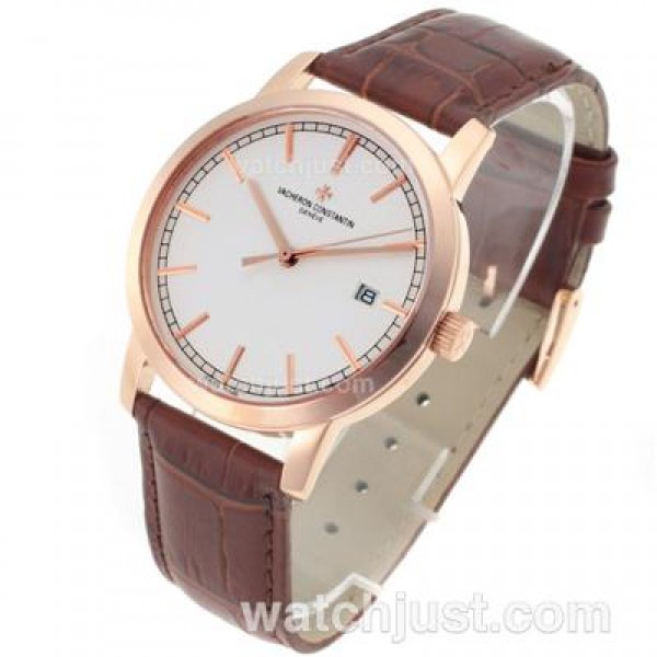 Vacheron Constantin Malte Swiss ETA 2824 Movement Rose Gold Case with White Dial-Leather Strap