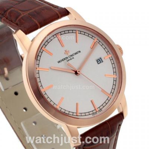 Vacheron Constantin Malte Swiss ETA 2824 Movement Rose Gold Case with White Dial-Leather Strap