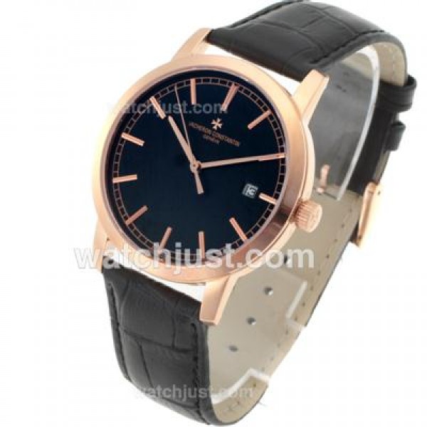 Vacheron Constantin Malte Swiss ETA 2824 Movement Rose Gold Case with Black Dial-Leather Strap