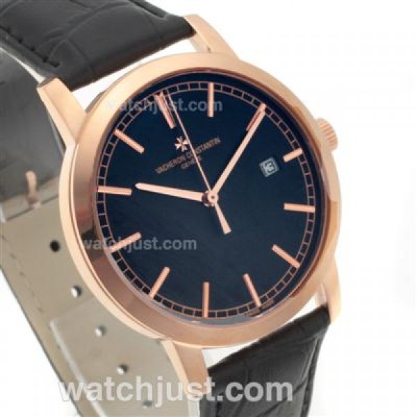 Vacheron Constantin Malte Swiss ETA 2824 Movement Rose Gold Case with Black Dial-Leather Strap