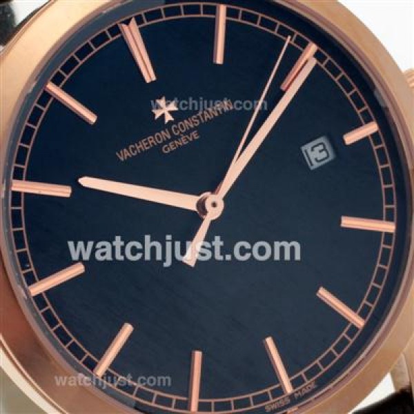 Vacheron Constantin Malte Swiss ETA 2824 Movement Rose Gold Case with Black Dial-Leather Strap