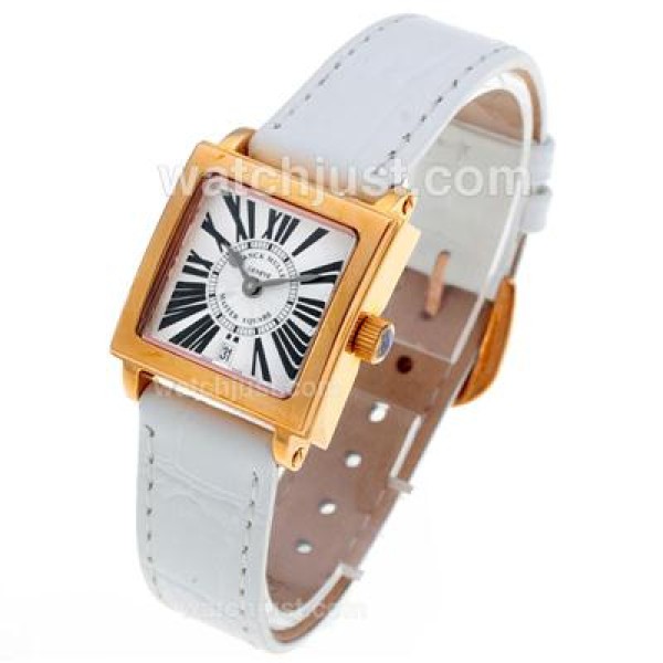Franck Muller Master Square Rose Gold Black Roman Markers with White Dial-Lady Size