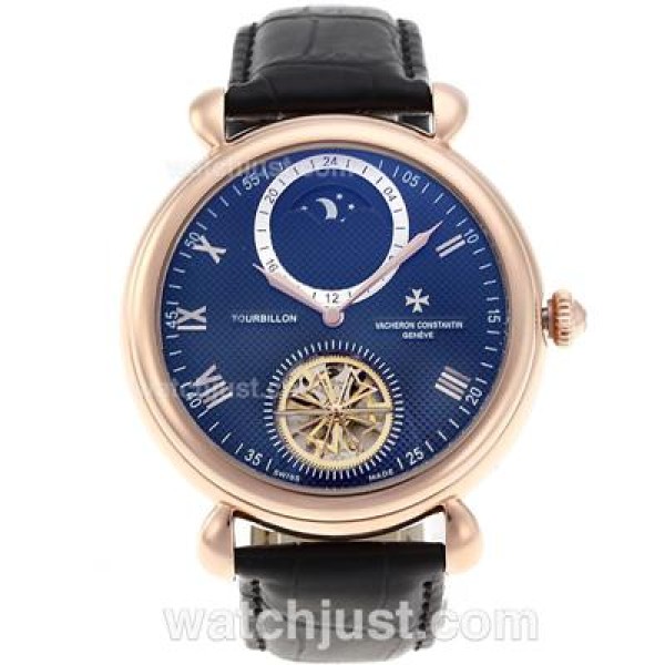 Vacheron Constantin Tourbillon Automatic Rose Gold Case with Black Checkered Dial-Leather Strap