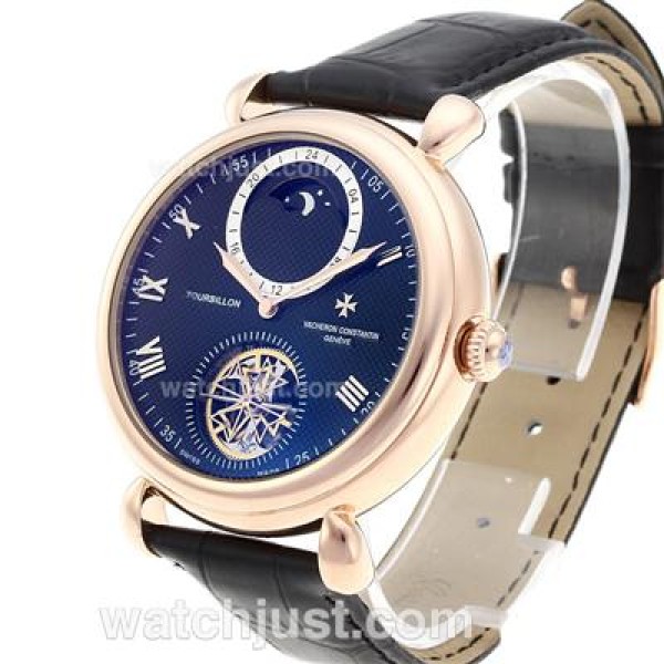 Vacheron Constantin Tourbillon Automatic Rose Gold Case with Black Checkered Dial-Leather Strap