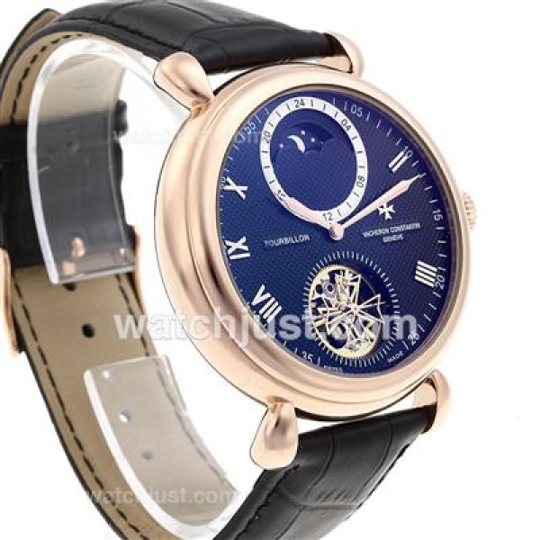 Vacheron Constantin Tourbillon Automatic Rose Gold Case with Black Checkered Dial-Leather Strap