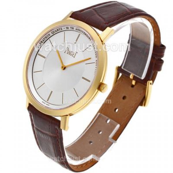 Piaget Altiplano Swiss ETA Movement Gold Case Stick Markers with White Dial-Leather Strap