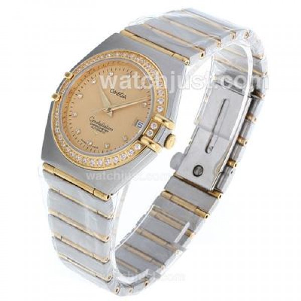 Omega Constellation Automatic Two Tone Diamond Bezel and Markers with Golden Dial-18K Plated Gold Movement