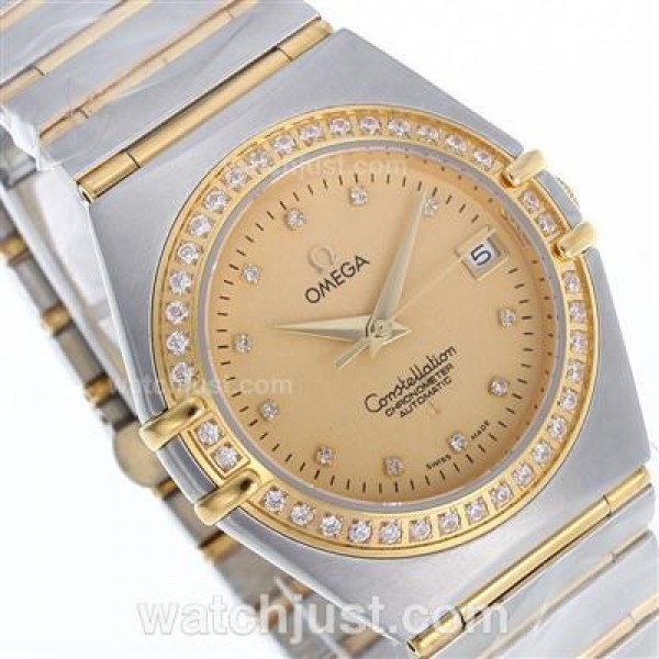 Omega Constellation Automatic Two Tone Diamond Bezel and Markers with Golden Dial-18K Plated Gold Movement