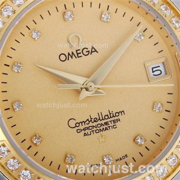 Omega Constellation Automatic Two Tone Diamond Bezel and Markers with Golden Dial-18K Plated Gold Movement