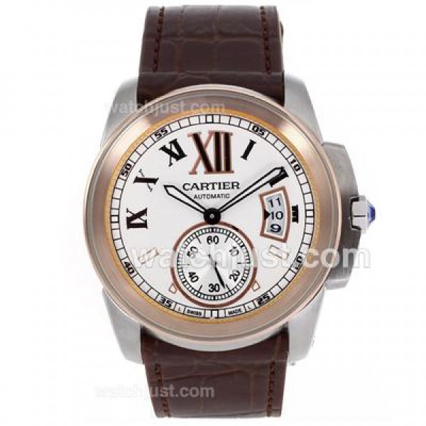 Cartier Calibre de Cartier Automatic Two Tone Case with White Dial-Leather Strap