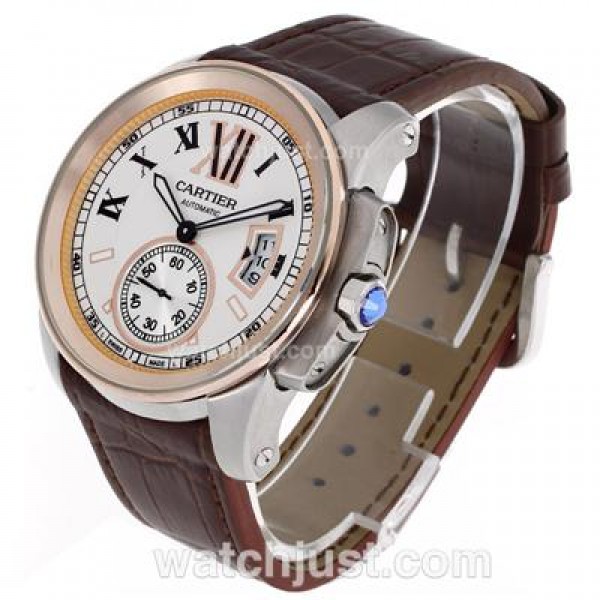 Cartier Calibre de Cartier Automatic Two Tone Case with White Dial-Leather Strap