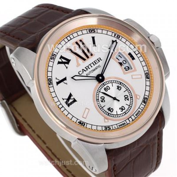 Cartier Calibre de Cartier Automatic Two Tone Case with White Dial-Leather Strap