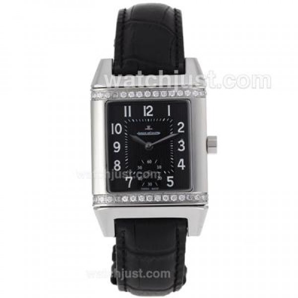 Jaeger-Lecoultre Reverso Diamond Bezel with Black Dial-Leather Strap