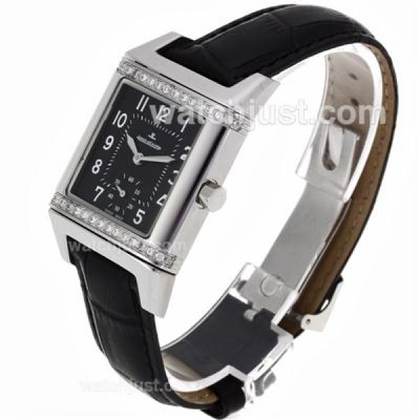 Jaeger-Lecoultre Reverso Diamond Bezel with Black Dial-Leather Strap
