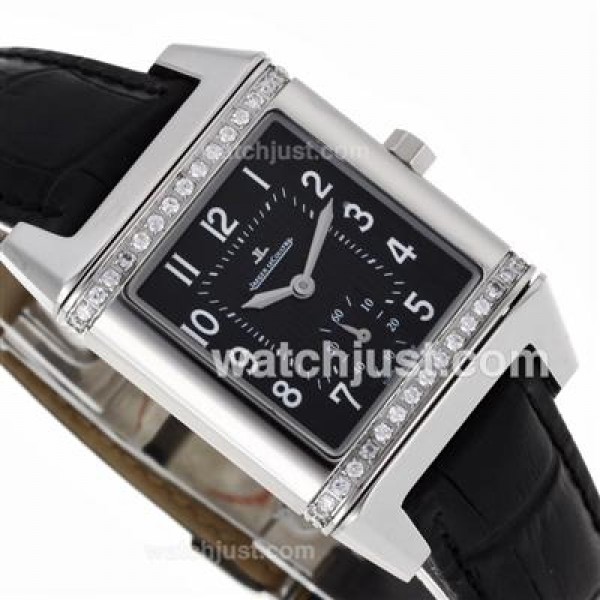Jaeger-Lecoultre Reverso Diamond Bezel with Black Dial-Leather Strap