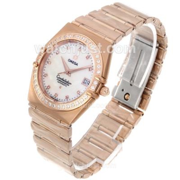 Omega Constellation Swiss ETA Movement Full Rose Gold Diamond Bezel and Markers with MOP Dial