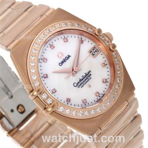 Omega Constellation Swiss ETA Movement Full Rose Gold Diamond Bezel and Markers with MOP Dial