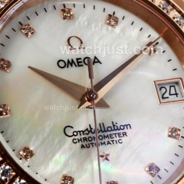 Omega Constellation Swiss ETA Movement Full Rose Gold Diamond Bezel and Markers with MOP Dial