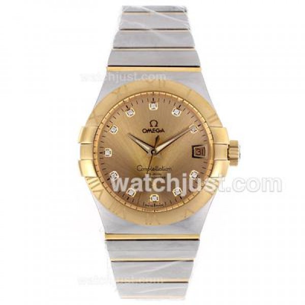 Luxury Omega Constellation Fake Watches With Golden Dials And Two Tone Cases Online