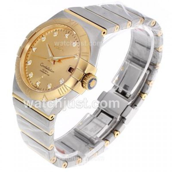 Luxury Omega Constellation Fake Watches With Golden Dials And Two Tone Cases Online