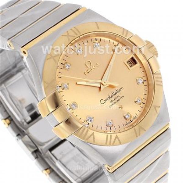 Luxury Omega Constellation Fake Watches With Golden Dials And Two Tone Cases Online