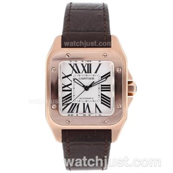 Best Quality Cartier Santos 100 Replica Watches With White Dials Rose Gold Cases For Sale