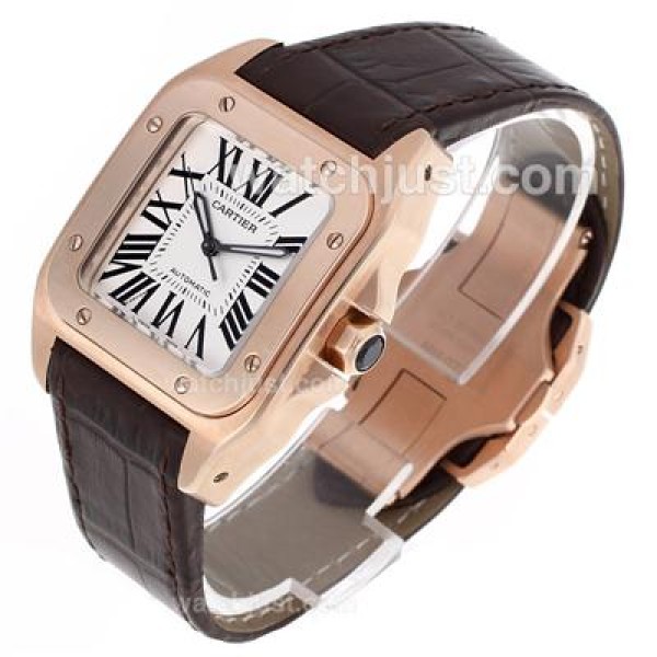 Best Quality Cartier Santos 100 Replica Watches With White Dials Rose Gold Cases For Sale