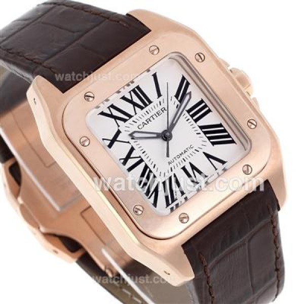 Best Quality Cartier Santos 100 Replica Watches With White Dials Rose Gold Cases For Sale