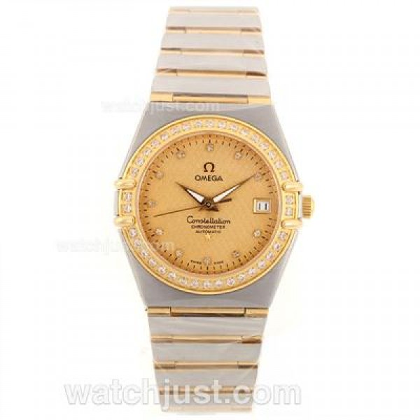 Omega Constellation Automatic Two Tone Diamond Bezel and Markers with Golden Dial-18K Plated Gold Movement
