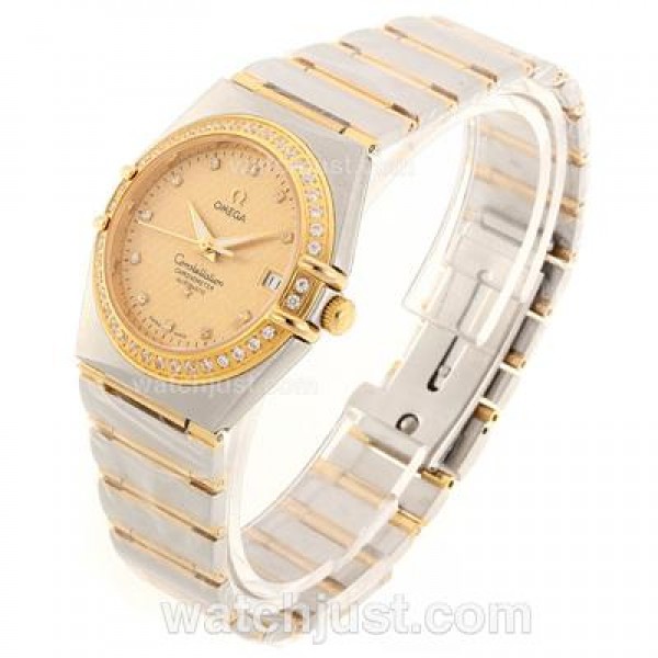 Omega Constellation Automatic Two Tone Diamond Bezel and Markers with Golden Dial-18K Plated Gold Movement