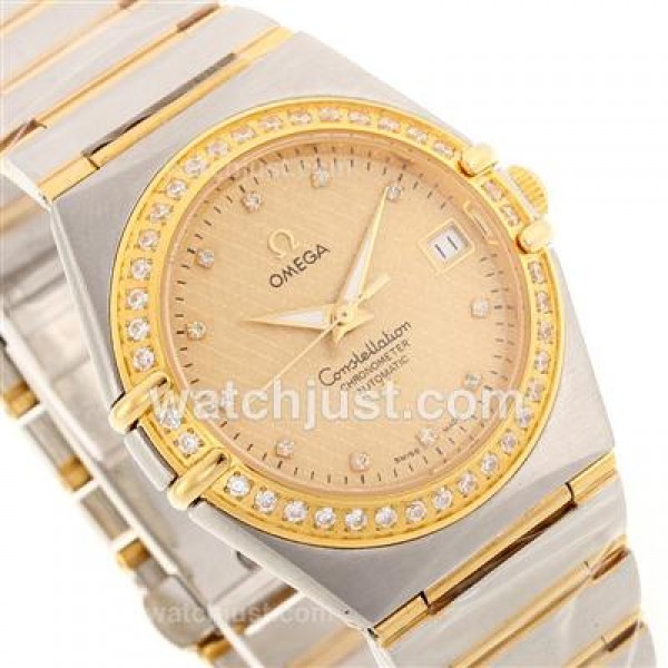 Omega Constellation Automatic Two Tone Diamond Bezel and Markers with Golden Dial-18K Plated Gold Movement