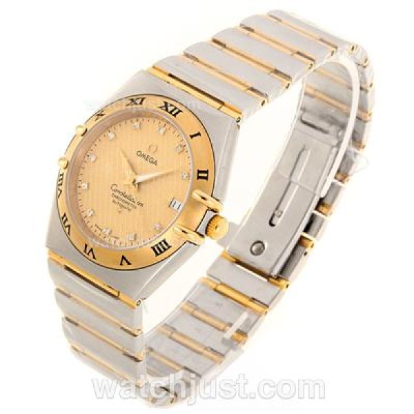 Omega Constellation Automatic Two Tone Diamond Markers with Golden Dial -18K Plated Gold Movement