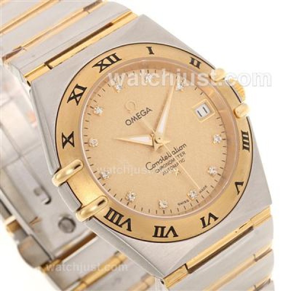 Omega Constellation Automatic Two Tone Diamond Markers with Golden Dial -18K Plated Gold Movement
