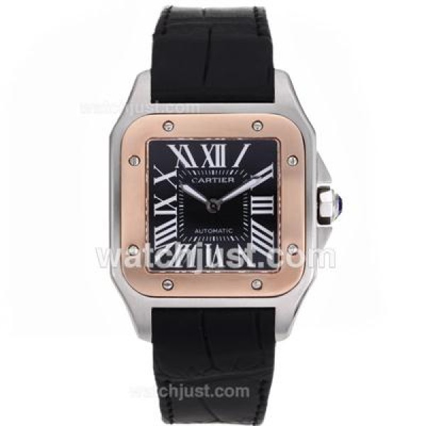 Cartier Santos 100 Swiss ETA 2836 Movement Two Tone Case with Black Dial-Leather Strap