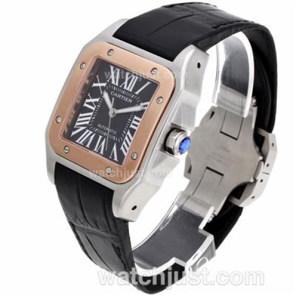 Cartier Santos 100 Swiss ETA 2836 Movement Two Tone Case with Black Dial-Leather Strap