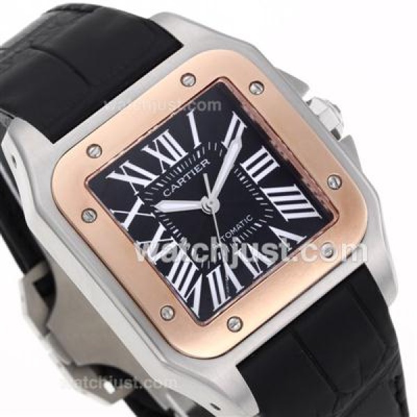 Cartier Santos 100 Swiss ETA 2836 Movement Two Tone Case with Black Dial-Leather Strap