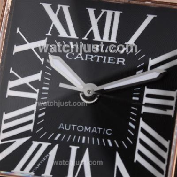 Cartier Santos 100 Swiss ETA 2836 Movement Two Tone Case with Black Dial-Leather Strap