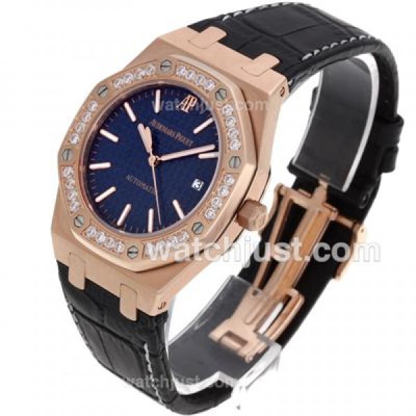 Audemars Piguet Royal Oak Swiss ETA 2836 Movement Rose Gold Case Diamond Bezel with Blue Checkered Dial-Leather Strap
