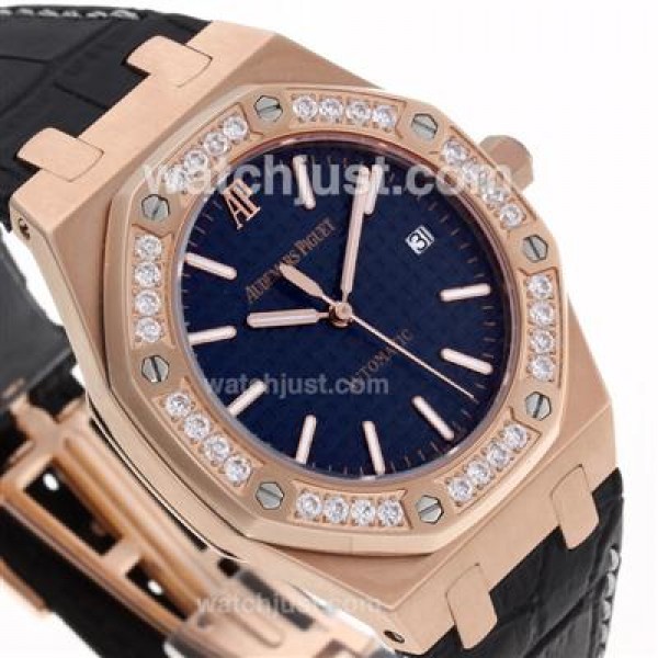 Audemars Piguet Royal Oak Swiss ETA 2836 Movement Rose Gold Case Diamond Bezel with Blue Checkered Dial-Leather Strap