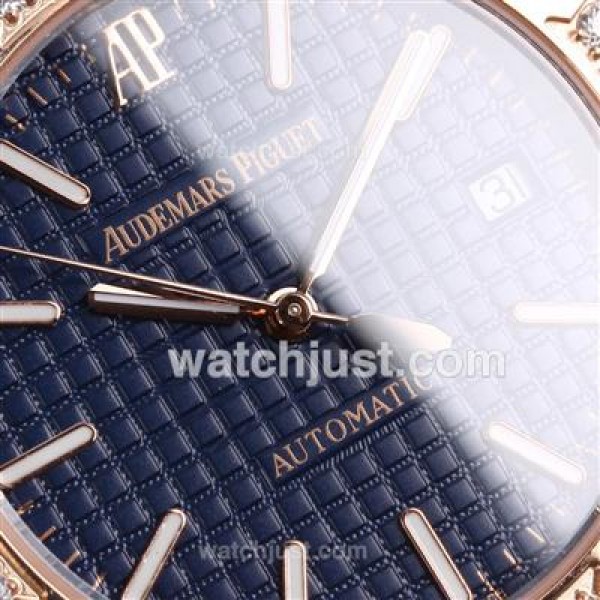 Audemars Piguet Royal Oak Swiss ETA 2836 Movement Rose Gold Case Diamond Bezel with Blue Checkered Dial-Leather Strap