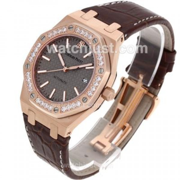 Audemars Piguet Royal Oak Swiss ETA 2836 Movement Rose Gold Case Diamond Bezel with Gray Checkered Dial-Brown Leather St