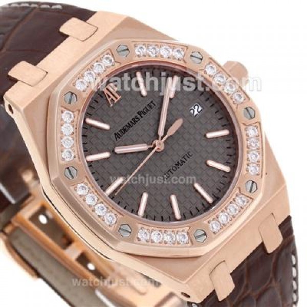 Audemars Piguet Royal Oak Swiss ETA 2836 Movement Rose Gold Case Diamond Bezel with Gray Checkered Dial-Brown Leather St