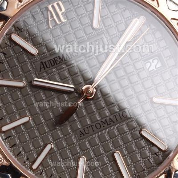 Audemars Piguet Royal Oak Swiss ETA 2836 Movement Rose Gold Case Diamond Bezel with Gray Checkered Dial-Brown Leather St