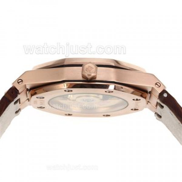 Audemars Piguet Royal Oak Swiss ETA 2836 Movement Rose Gold Case Diamond Bezel with Gray Checkered Dial-Brown Leather St