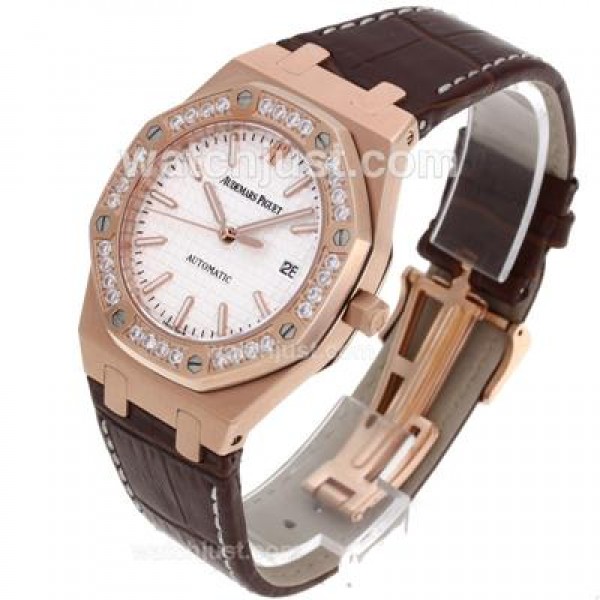 Audemars Piguet Royal Oak Swiss ETA 2836 Movement Rose Gold Csae and Diamond Bezel with White Checkered Dial-Brown Leath