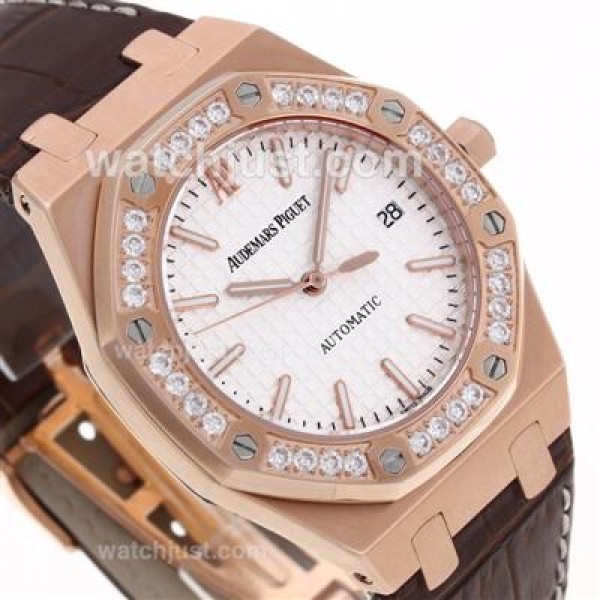 Audemars Piguet Royal Oak Swiss ETA 2836 Movement Rose Gold Csae and Diamond Bezel with White Checkered Dial-Brown Leath