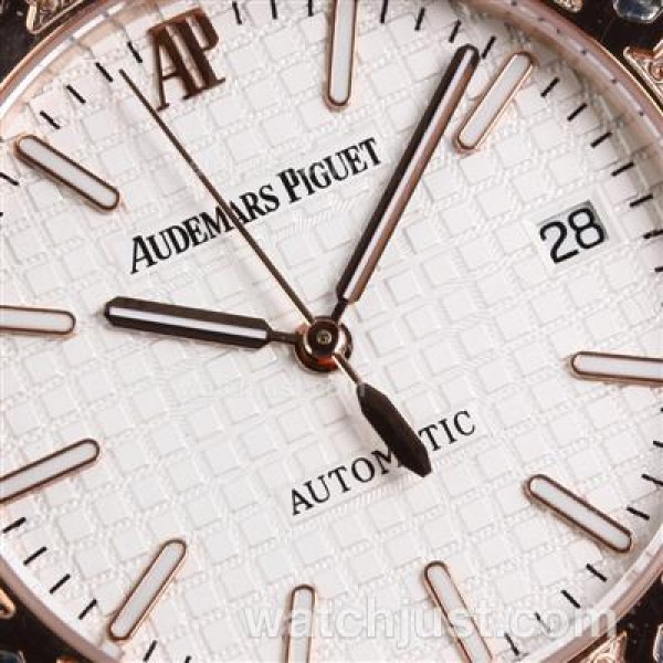Audemars Piguet Royal Oak Swiss ETA 2836 Movement Rose Gold Csae and Diamond Bezel with White Checkered Dial-Brown Leath