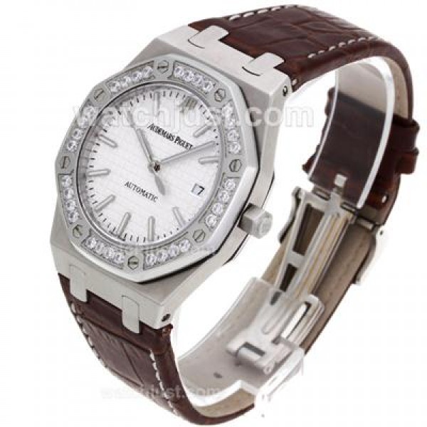 Audemars Piguet Royal Oak Swiss ETA 2836 Movement Diamond Bezel with White Checkered Dial-Brown Leather Strap