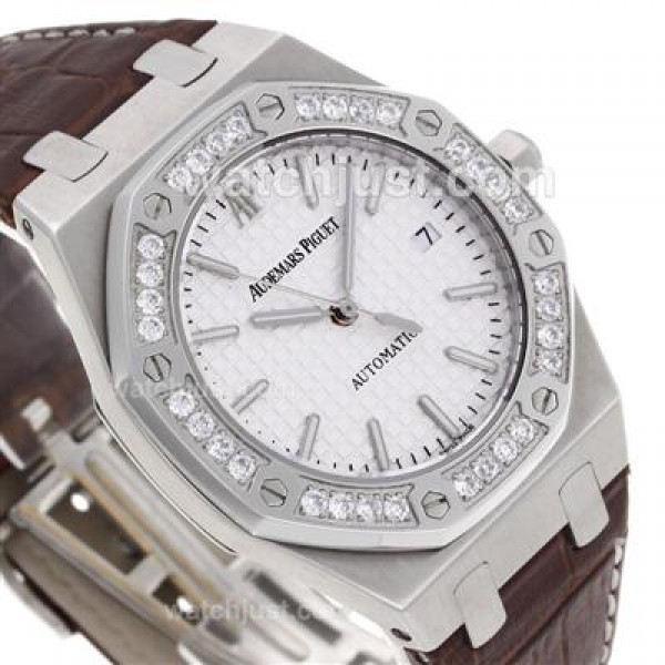 Audemars Piguet Royal Oak Swiss ETA 2836 Movement Diamond Bezel with White Checkered Dial-Brown Leather Strap