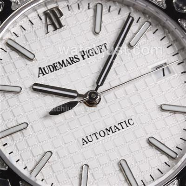 Audemars Piguet Royal Oak Swiss ETA 2836 Movement Diamond Bezel with White Checkered Dial-Brown Leather Strap